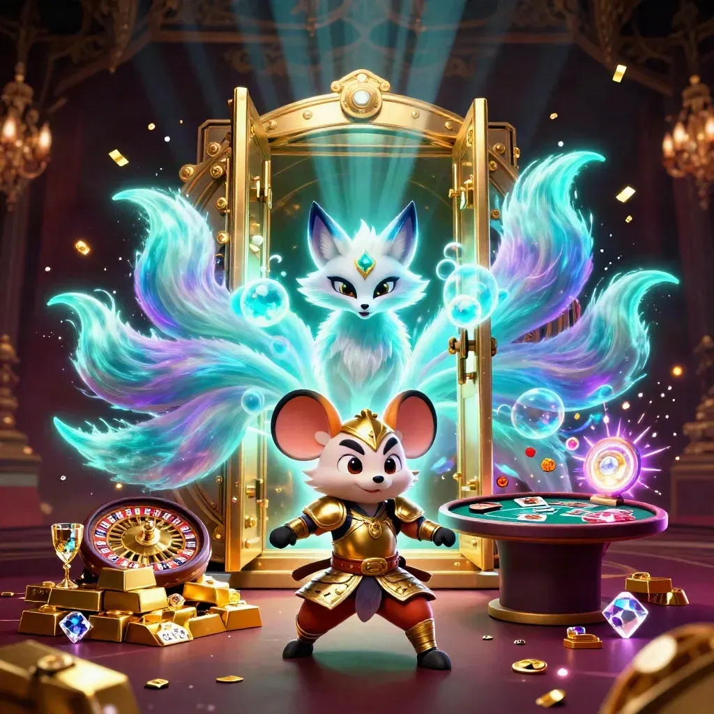 Nine-tailed fox spirit and armored mouse amid casino loot, vault light, and neon effects.