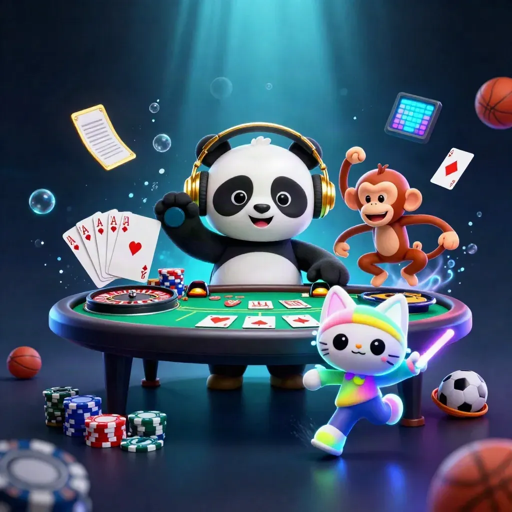DJ panda, breakdancing monkey, and rave kitten amid casino sports gear and neon light.