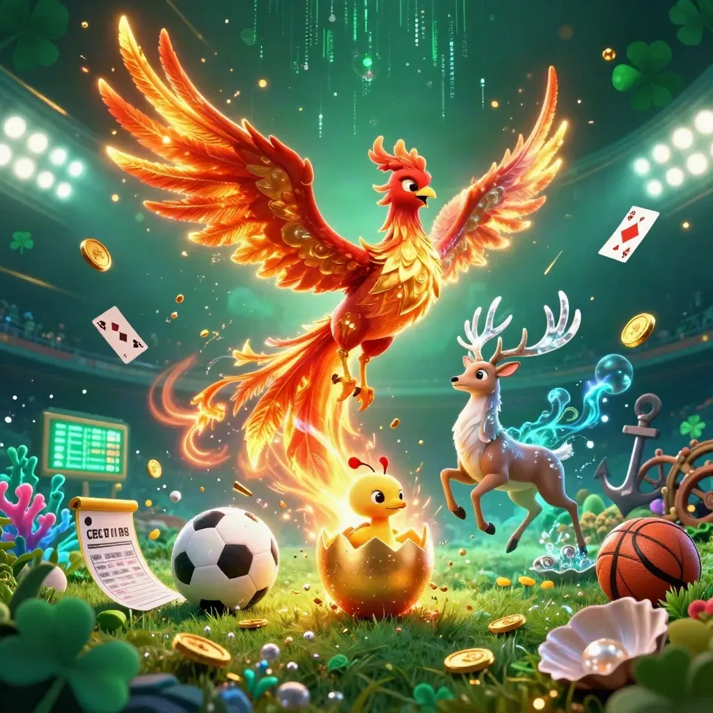 Fire phoenix, baby phoenix, crystal stag, and sports gear amid gold coins and neon casino light