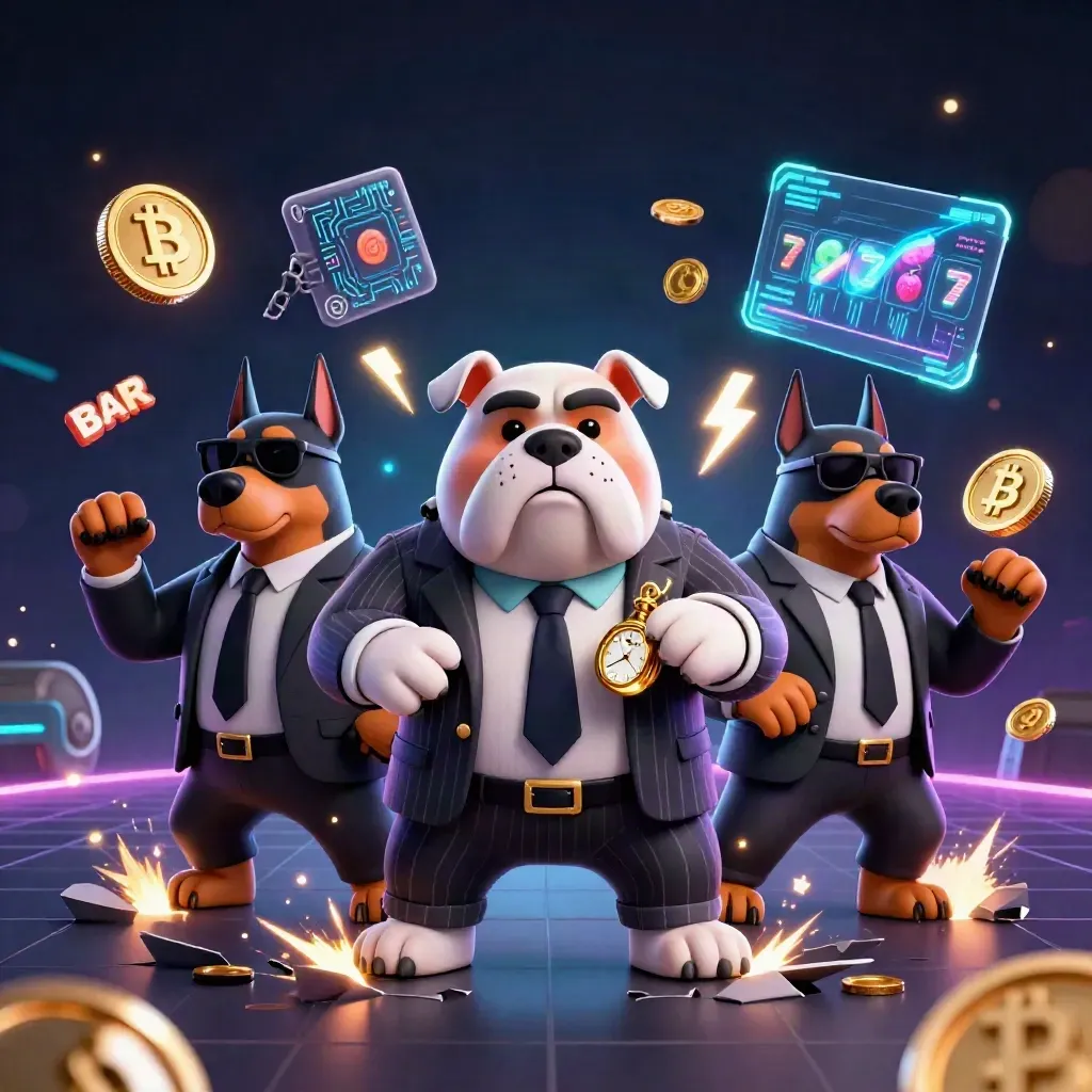 Three mobster bulldogs with neon coins, lightning, and slot symbols in a dark premium casino sky.