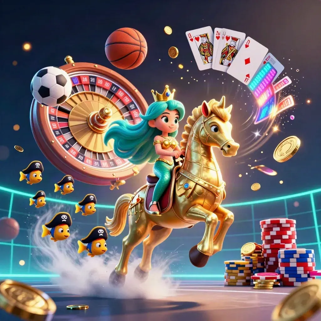 Mermaid princess on a golden seahorse amid coins, cards, balls, chips, and neon casino light.