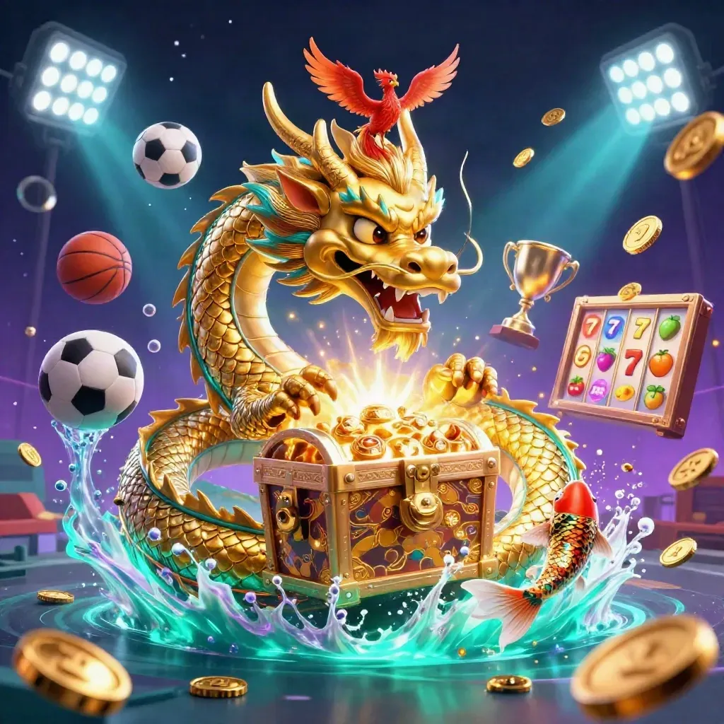 Golden dragon with phoenix and koi amid casino lights, coins, sports balls, and slot symbols.