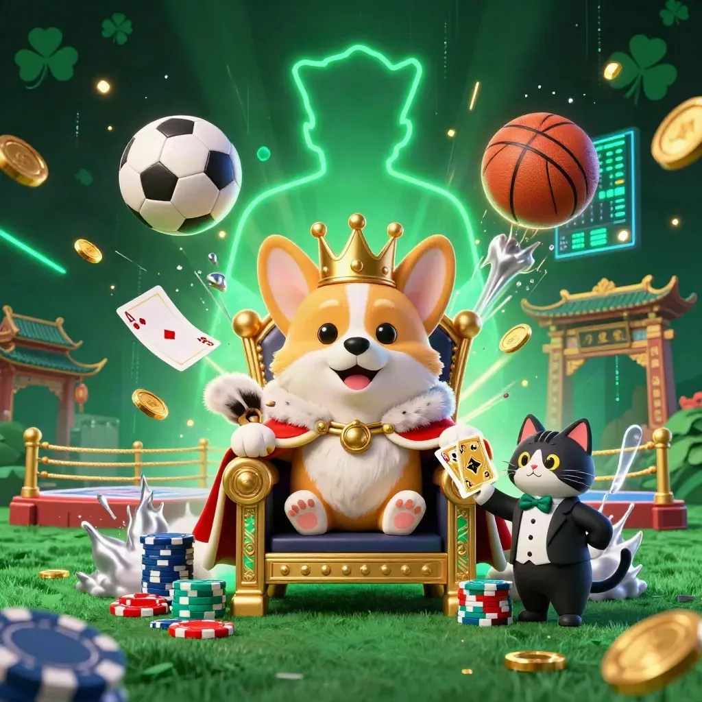 Royal corgi and cat butler amid flying balls, chips, coins, and neon casino lights.