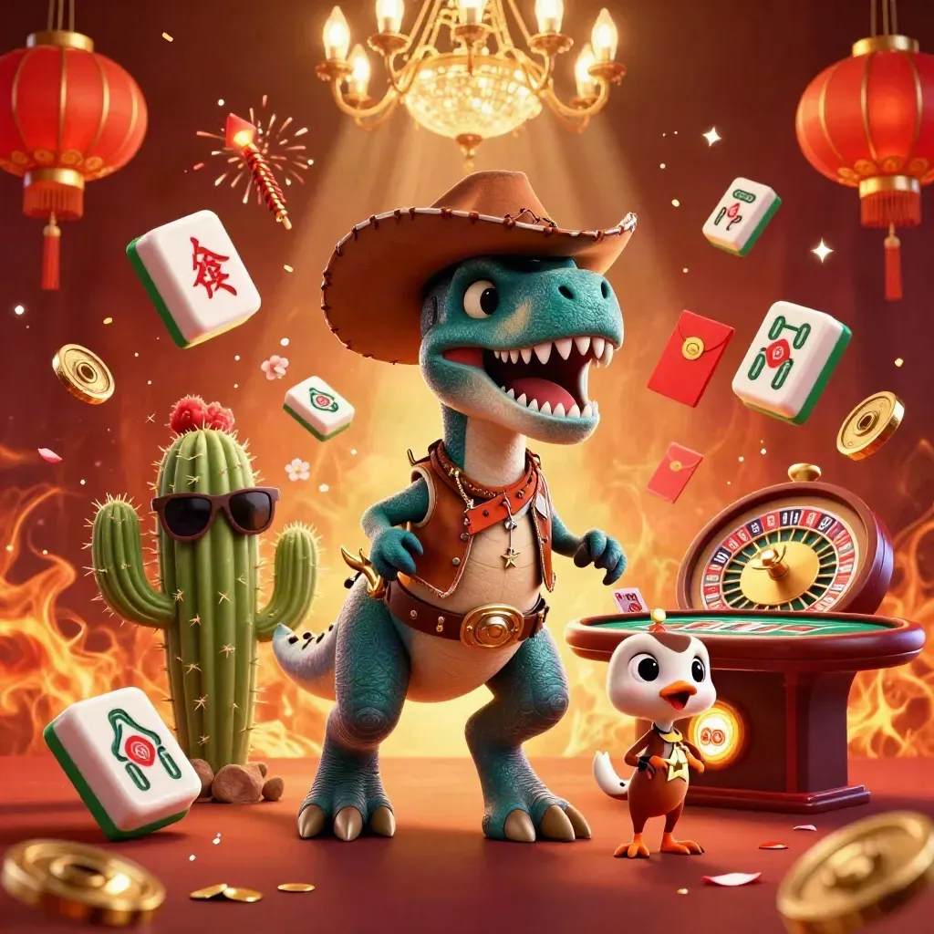 Cowboy T-Rex, cactus, and roadrunner amid roulette, lanterns, coins, and casino glow.