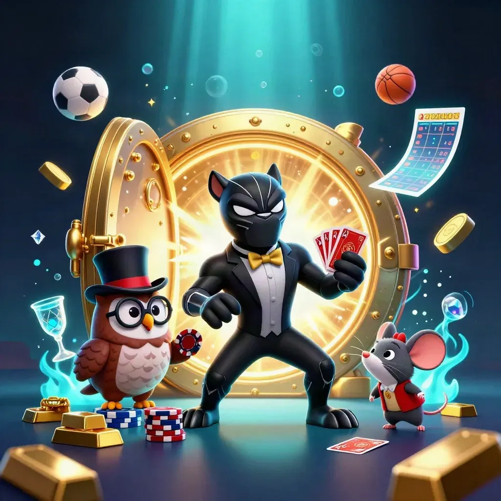 Black panther, owl, and mouse amid casino gold, gems, sports balls, and a glowing vault burst.