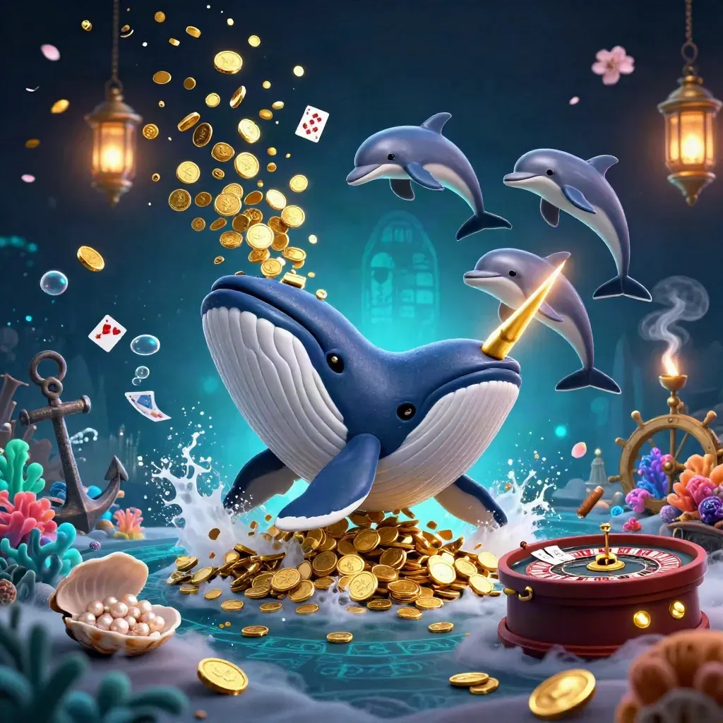Whale captain, narwhal, and dolphins in a glowing coin-filled casino treasure cove.