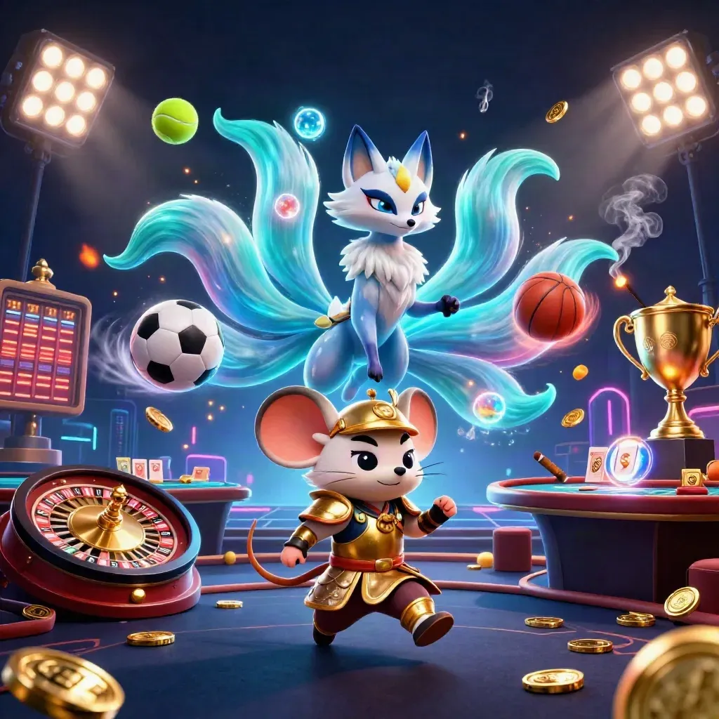 Neon fox spirit and armored mouse amid casino-game effects in a dark luxe room.