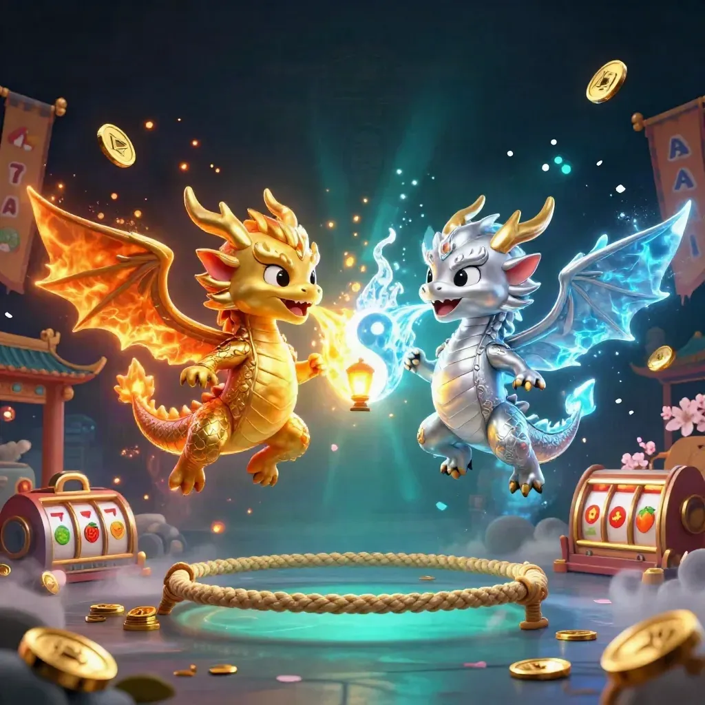 Twin gold and silver dragons spiral around a lantern spirit with coins, runes, and temple light.