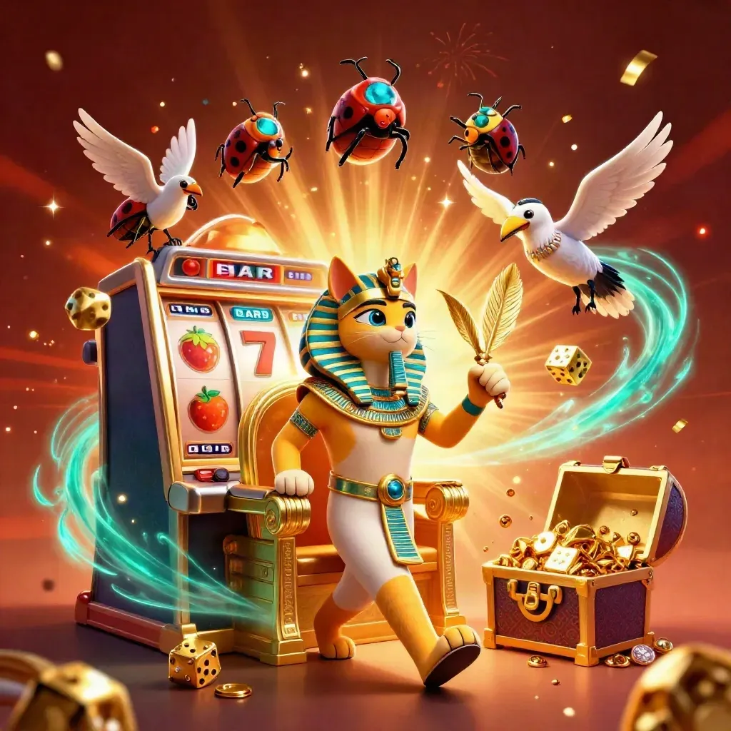 Pharaoh cat and ibis scribe amid gem scarabs, jackpot bursts, confetti, and glowing casino magic.