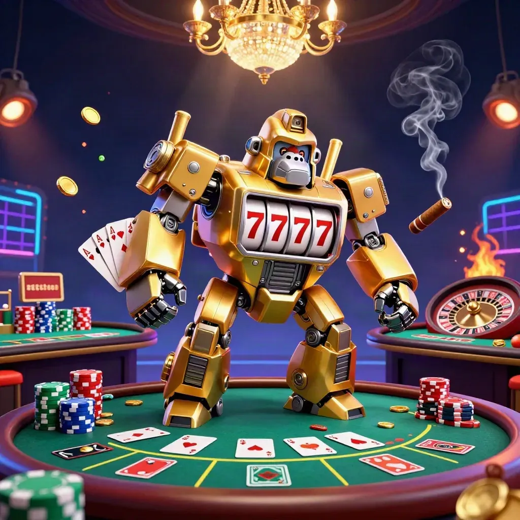 Golden gorilla mech with tiny monkey pilot in a luxe casino room, chips, cards, roulette, and firelight