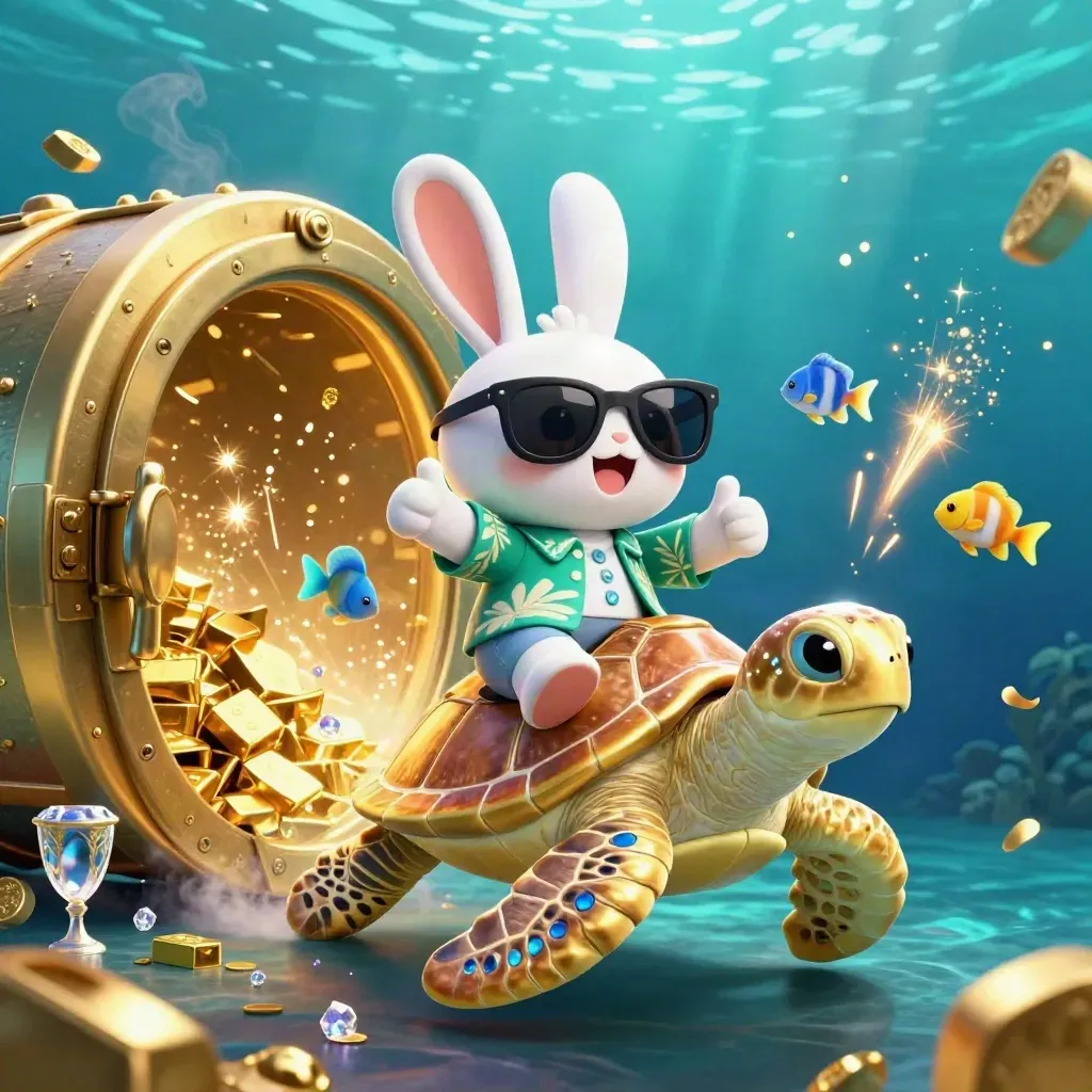 Lucky rabbit on a golden sea turtle amid treasure, gems, and a glowing vault in teal underwater light.