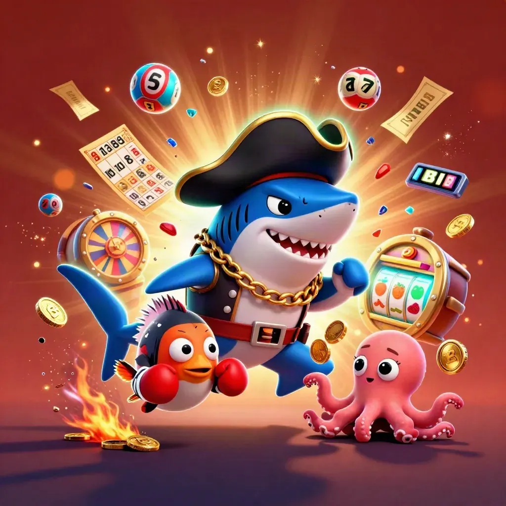 Pirate shark, boxing pufferfish, and juggling octopus amid casino bursts and glowing gold coins.