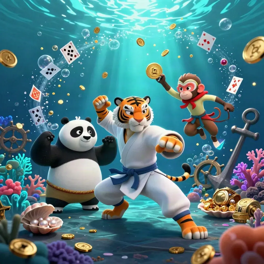 Tiger, panda, and monkey in a glowing underwater treasure cove with coins and gems.