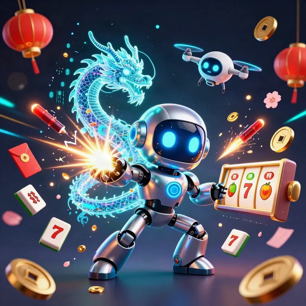 Cyberpunk robot, holographic dragon, and coin drone burst through casino gems and neon effects.