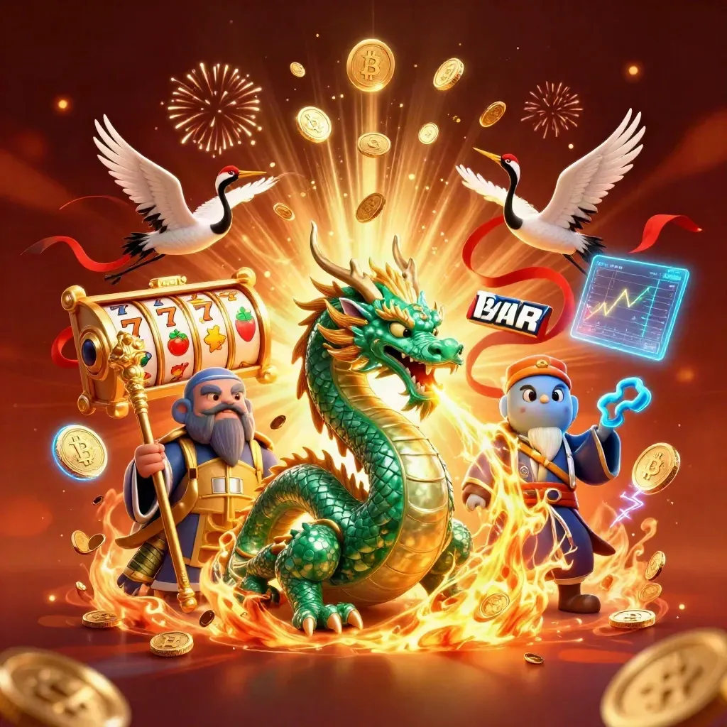 Emerald dragon, turtle sage, and cranes amid coins, fire, and casino energy.