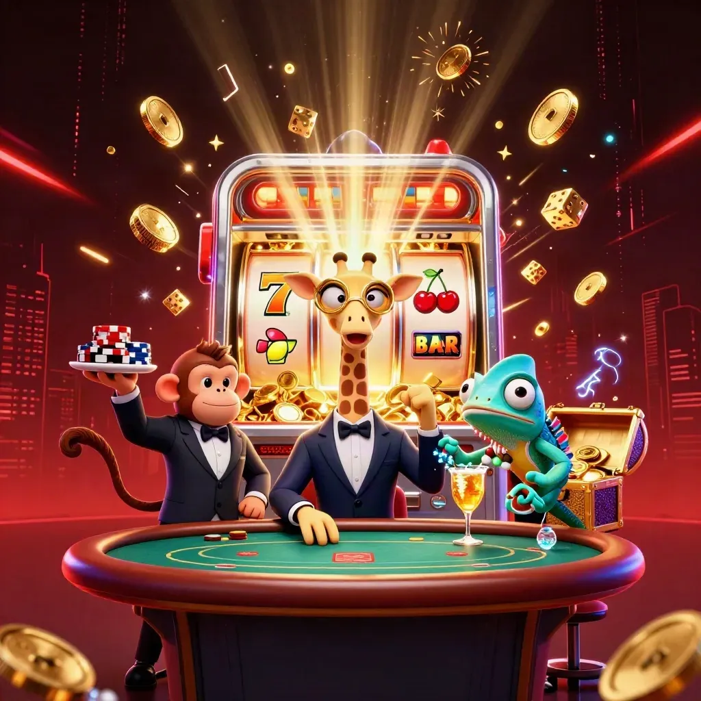 A giraffe, monkey, and chameleon celebrate amid exploding slots and gold in neon casino chaos.
