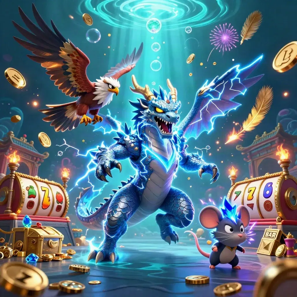 Thunder dragon, wind hawk, and thunder-mouse amid coins, reels, and fireworks in a teal-gold vault burst.
