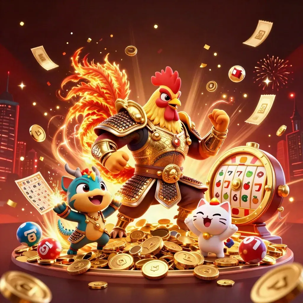 Rooster warrior, dragon hatchling and fortune cat amid coins, fireworks and casino treasure