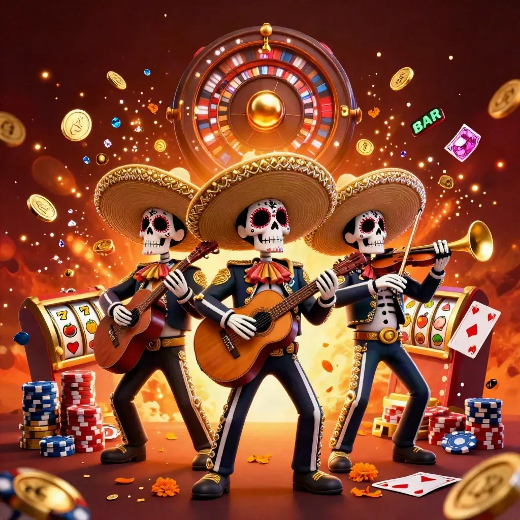 Skeleton mariachi trio amid coins, chips, roulette wheel, and fireworks in casino glow.