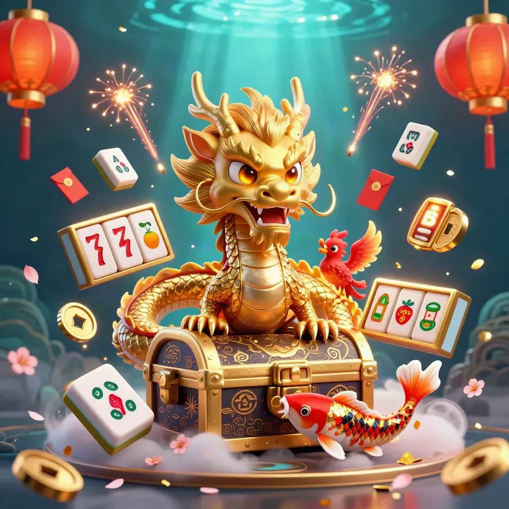 Golden dragon with phoenix and koi amid casino treasures in a teal-blue glow