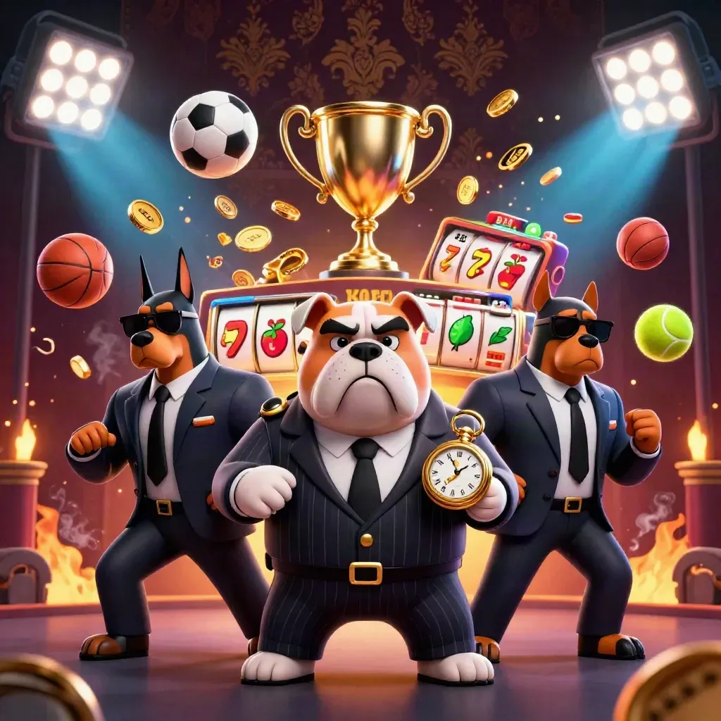 Cartoon bulldog boss with two Doberman guards amid casino reels, trophies, coins, and dramatic lighting.
