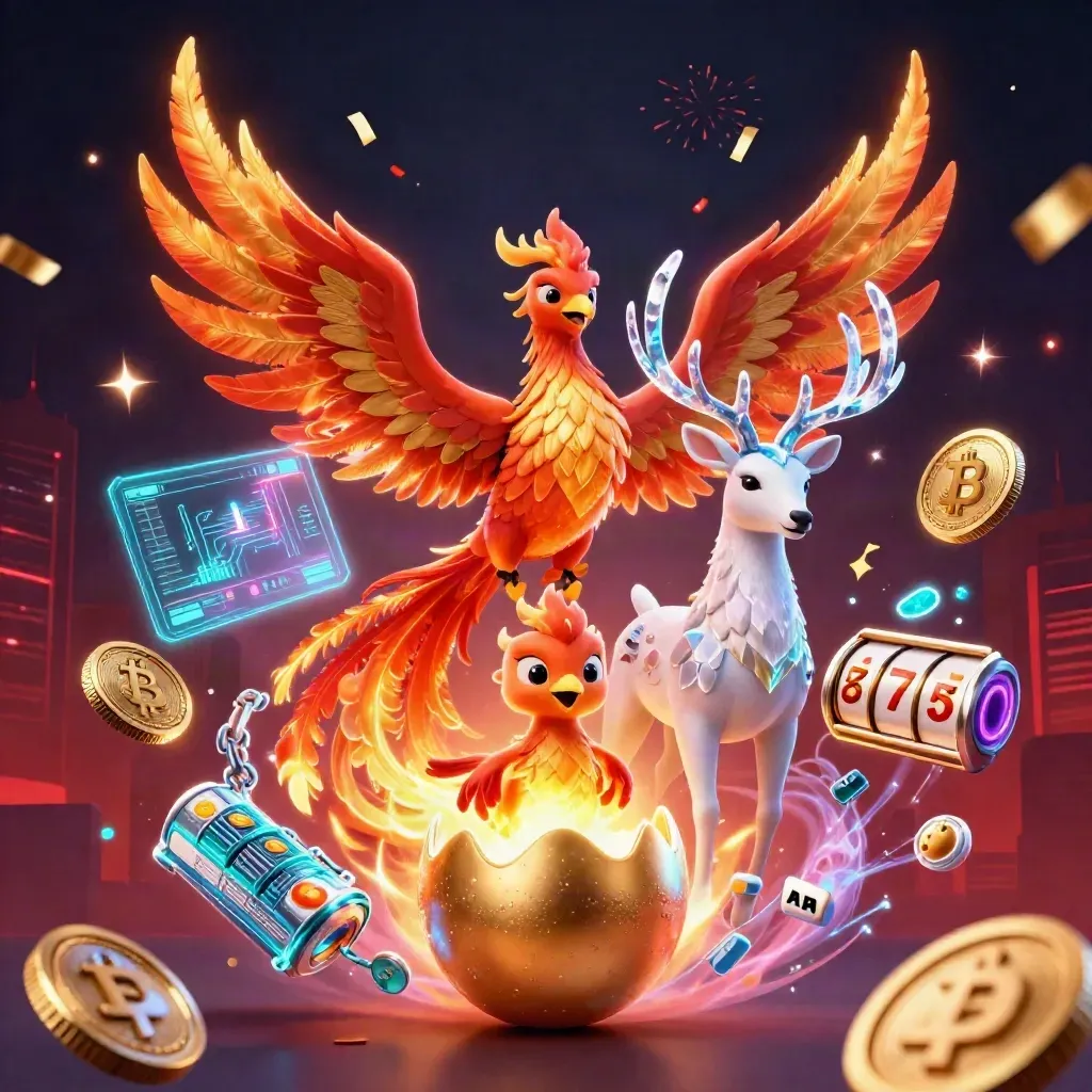 Phoenix, baby phoenix, and antlered stag amid casino coins, reels, lightning, and red-gold magic.