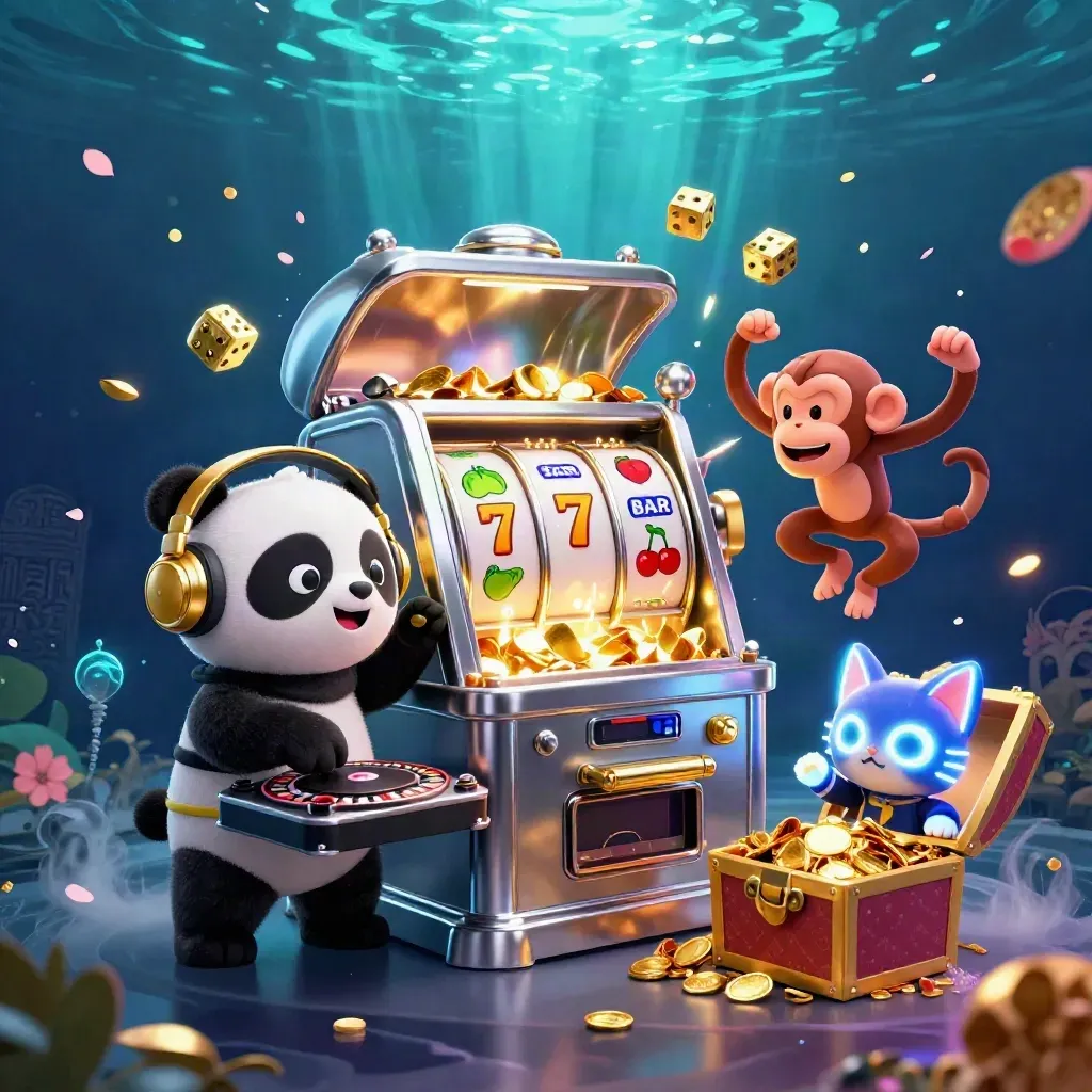 DJ panda, dancing monkey, and glow-stick kitten amid a bursting slot machine and gold coins.