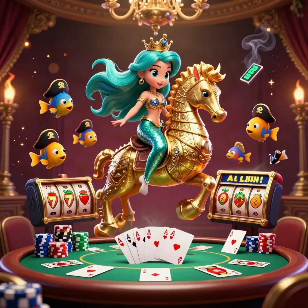 Mermaid princess rides an armoured seahorse amid cards, chips, reels, and pirate fish