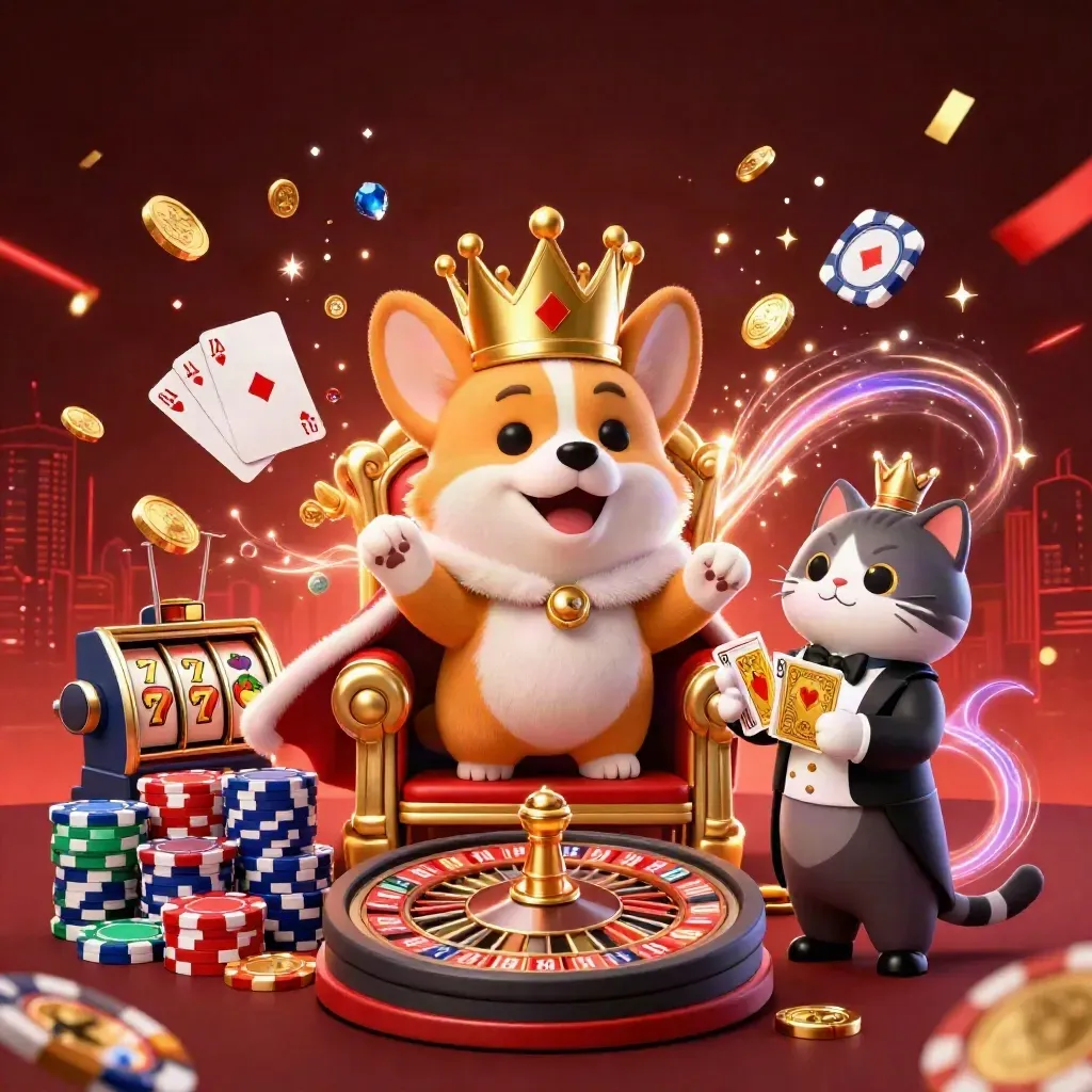 Royal corgi and cat butler amid casino chips, coins, roulette wheel, cards, and neon sparks.