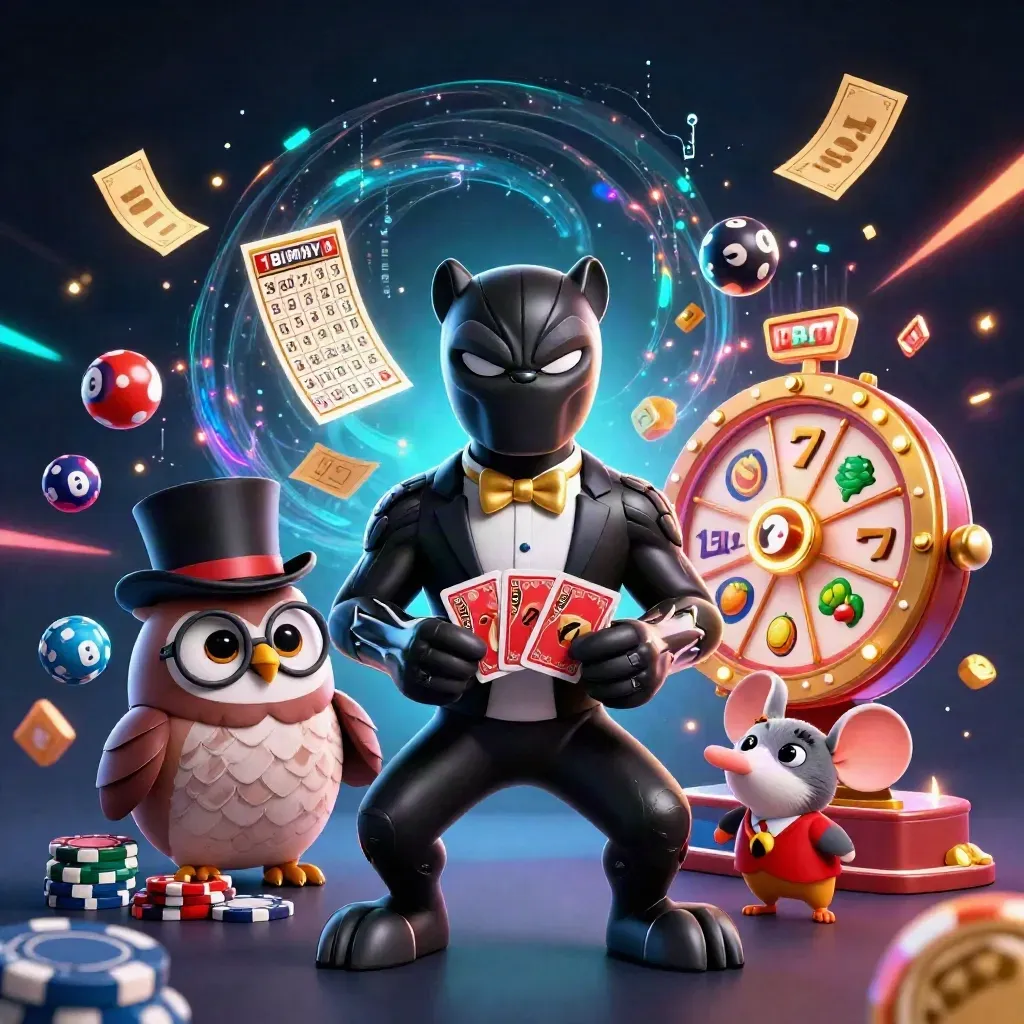 Panther dealer, owl chip holder, and mouse amid casino reels, balls, wheel, and gold sparks